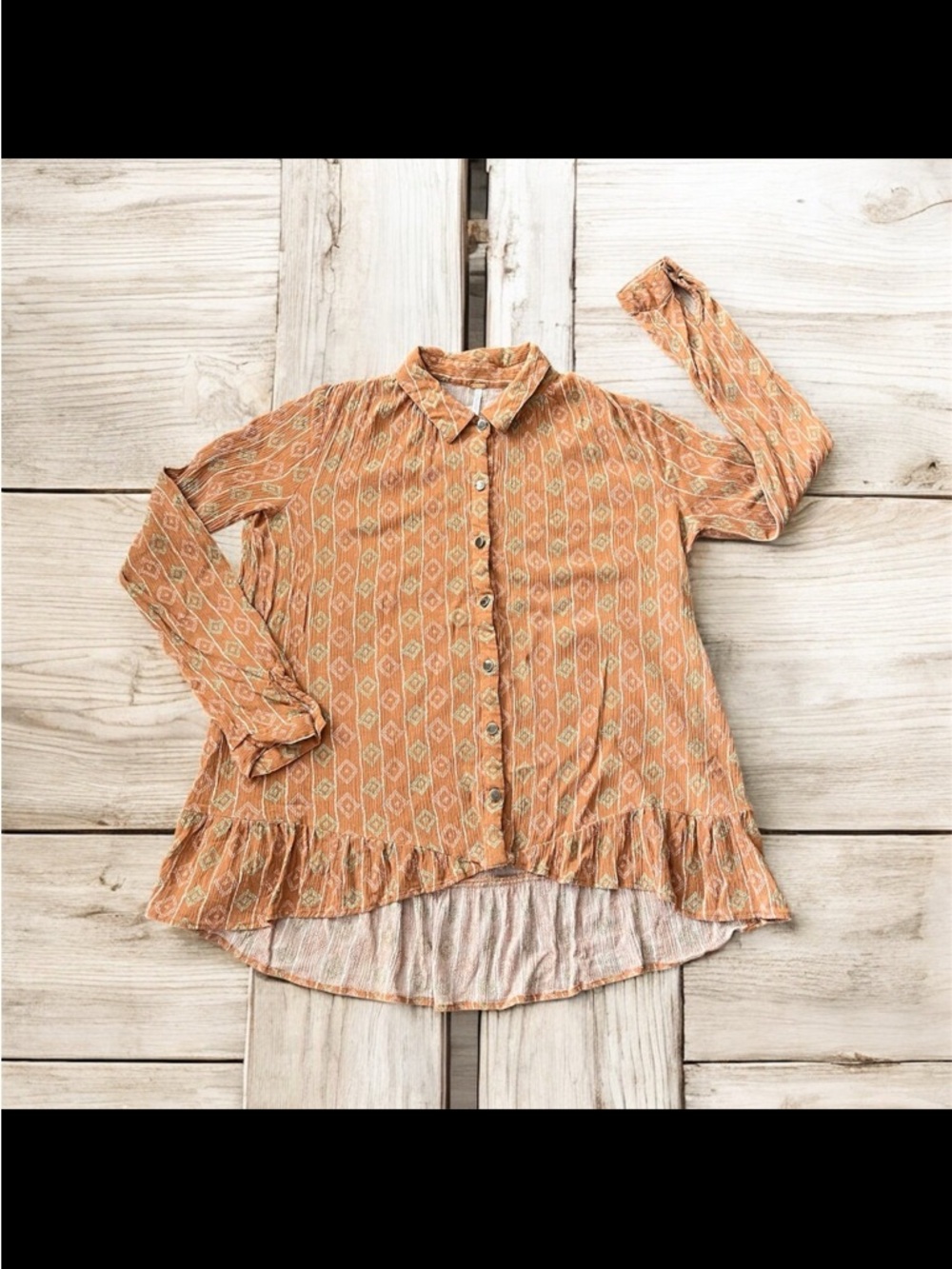 Free People Terracotta Geo Print Button-Down Ruffle Hem Top - Small